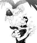  2boys absurdres bodysuit boku_no_hero_academia character_doll child covered_abs facial_hair feathered_wings fire flying full_body greyscale hawks_(boku_no_hero_academia) helen_roro highres male_focus mature_male monochrome multiple_boys muscular muscular_male pectorals short_hair sideburns spiked_hair stubble todoroki_enji upper_body vambraces wings younger 