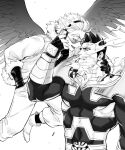 2boys absurdres armor bodysuit boku_no_hero_academia couple covered_abs covered_navel eye_contact facial_hair feathered_wings fingerless_gloves flying gloves greyscale hawks_(boku_no_hero_academia) helen_roro highres large_pectorals looking_at_another male_focus mature_male monochrome multiple_boys muscular muscular_male pauldrons scar scar_across_eye short_hair shoulder_armor sideburns smile spiked_hair stubble todoroki_enji upper_body vambraces wings yaoi 