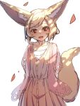  1girl :d animal_ear_fluff animal_ears arms_behind_back bangs blonde_hair collarbone commentary_request dress flower fox_ears fox_girl fox_tail hair_flower hair_ornament hairclip highres jacket looking_at_viewer open_clothes open_jacket open_mouth original pink_flower pink_jacket red_eyes short_hair simple_background smile solo swept_bangs tail tail_raised white_background white_dress yuuji_(yukimimi) 