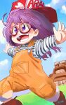  1girl :d baseball_cap blue_sky boots brown_footwear day dr._slump glasses halftone hat highres norimaki_arale open_mouth outdoors outstretched_arms purple-framed_eyewear purple_eyes purple_hair red_headwear running ryusei_hashida shirt sky smile solo spread_arms striped striped_shirt yellow_overalls 