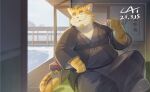  2021 anthro cai1448331577 clothed clothing detailed_background felid feline fur hi_res humanoid_hands kemono male mammal one_eye_closed overweight overweight_anthro overweight_male sitting solo wink yellow_body yellow_fur 