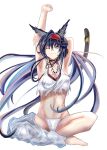  1girl absurdres animal_ears arknights armpits arms_up bangs barefoot bikini blaze_(arknights) blue_eyes blue_hair breasts cat_ears cat_tail cleavage clenched_hand commentary hairband highres indian_style jewelry long_hair looking_at_viewer navel necklace one_eye_closed putcho red_hairband simple_background sitting solo stomach stretch swimsuit tail very_long_hair white_background white_bikini 