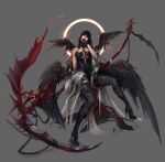  1girl absurdres black_hair black_wings blue_eyes dungeon_and_fighter female_priest_(dungeon_and_fighter) gloves highres looking_at_viewer mistress_(dungeon_and_fighter) open_mouth scythe short_hair simple_background solo thighhighs wings 