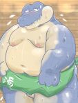  2021 anthro belly blue_body bodily_fluids crocodile crocodilian crocodylid dain_4201 hi_res kemono male moobs navel nipples reptile sauna scalie solo sweat towel 
