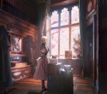  1girl blonde_hair blue_jacket book box flower hair_bun high_heels highres indoors jacket leesuyeon md5_mismatch mechanical_arms picture_(object) prosthesis prosthetic_hand skirt suitcase violet_evergarden violet_evergarden_(character) white_skirt window wooden_floor 