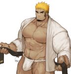  1boy abs bandaid bandaid_on_nose bara bare_pecs belt black_hair blonde_hair bulge character_request copyright_request cowboy_shot dougi facial_hair fundoshi goatee gomtang hairy japanese_clothes large_pectorals leg_hair long_sideburns male_focus male_pubic_hair mature_male multicolored_hair muscular muscular_male navel navel_hair nipples no_pants open_clothes original penis_peek pubic_hair short_hair sideburns solo stomach sweat thick_eyebrows thick_thighs thighs two-tone_hair white_male_underwear 