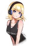  1girl alohamikan artist_name bangs blonde_hair blue_eyes blush breasts commentary english_commentary english_text eyebrows_visible_through_hair headphones highres hololive hololive_english large_breasts pout shirt sleeveless sleeveless_shirt solo virtual_youtuber watson_amelia 