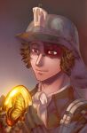  1boy black_gloves brown_eyes brown_hair bug butterfly candle gloves golden_egg gradient gradient_background hat higami_akabane identity_v insect male_focus norton_campbell profile shiny smile solo 