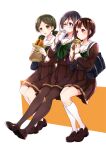  :o bag black_hair blue_eyes blush brown_footwear brown_hair brown_legwear brown_shirt brown_skirt closed_mouth cup drinking food glasses green_eyes green_neckwear hibike!_euphonium highres holding holding_cup holding_food kitauji_high_school_uniform komugiko loafers long_hair long_sleeves nakaseko_kaori ogasawara_haruka one_eye_closed open_mouth pantyhose pleated_skirt red-framed_eyewear red_eyes sailor_collar sandwich school_bag school_uniform serafuku shirt shoes short_hair simple_background sitting skirt socks tanaka_asuka twintails uniform white_background white_legwear white_sailor_collar 