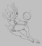  2020 anthro ball baphomet_(deity) bikini clothing deity female hi_res hooves horn monochrome serpentine-drifter simple_background sketch solo sport swimwear volleyball volleyball_(ball) wings 