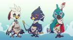  absurd_res aged_down anthro avian beak bird blue_body blue_feathers bow_(weapon) breath_of_the_wild child feathers group hi_res kass_(tloz) male music_sheet nintendo parrot ranged_weapon revali rito talons teba_(tloz) the_legend_of_zelda video_games weapon white_body white_feathers young 
