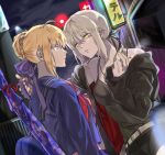  2girls ahoge artoria_pendragon_(all) bag belt black_jacket blonde_hair blue_eyes blue_serafuku cigarette cigarette_holder contemporary dual_persona fate/grand_order fate/stay_night fate_(series) hair_ribbon holding jacket jet_black_king_of_knights_ver._shinjuku_1999 mameal369 multiple_girls ribbon saber saber_alter school_bag school_uniform serafuku short_hair shorts skirt weapon_bag yellow_eyes 