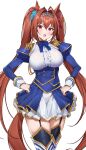  1girl :o absurdres animal_ears armor bangs blue_neckwear blush bow bowtie breasts brown_hair cowboy_shot daiwa_scarlet dress eyebrows_visible_through_hair frilled_dress frills garter_straps hair_between_eyes hair_intakes hair_ornament hair_ribbon hands_on_hips highres hiyashi_yaki horse_ears horse_girl horse_tail large_breasts long_sleeves looking_at_viewer open_mouth pauldrons pleated_dress purple_eyes red_ribbon ribbon shoulder_armor solo tail thighhighs tiara umamusume white_background 