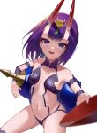  1girl :d absurdres bangs bare_shoulders bisco_(bisco_art) bob_cut breasts cup eyelashes eyeliner fangs fate/grand_order fate_(series) headpiece highres horns jewelry looking_at_viewer makeup mascara oni oni_horns open_mouth purple_eyes purple_hair revealing_clothes sakazuki short_hair shuten_douji_(fate) simple_background sitting skin-covered_horns small_breasts smile solo white_background 