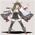  1girl absurdres ahoge black_ribbon brown_hair hair_rings highres inica kantai_collection kongou_(kancolle) long_hair nontraditional_miko outstretched_arm purple_eyes ribbon rigging shadow sidelocks solo thighhighs thighs wide-eyed zettai_ryouiki 