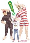  3boys all_might antenna_hair black_male_swimwear blonde_hair blue_eyes boku_no_hero_academia bulge child covered_abs father_and_son fiery_hair full_body grin highres large_pectorals male_focus male_swimwear mature_male multiple_boys muscular muscular_male omega_2-d red_hair red_male_swimwear scar scar_across_eye short_hair sideburns skin_tight smile spiked_hair stretch swimsuit swimwear taut_clothes taut_swimsuit thick_thighs thighs todoroki_enji todoroki_shouto white_male_swimwear 