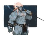  1boy abs ass bara bare_pecs blue_skin bulge character_request check_copyright chest_hair colored_skin copyright_request facial_hair flaming_eye goatee gomtang holding holding_sword holding_weapon large_pectorals long_sideburns male_focus mature_male monster_boy muscular muscular_male navel navel_hair nipples original pelvic_curtain penis_peek pink_hair scar scar_on_chest scar_on_leg short_hair sideburns solo stomach sword thick_thighs thighs veins weapon 
