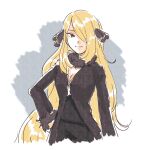  1girl arm_at_side blonde_hair breasts cleavage closed_mouth coat cynthia_(pokemon) fur-trimmed_coat fur_collar fur_trim grey_eyes hair_ornament hair_over_one_eye hand_on_hip long_hair long_sleeves nllpkmn pants pokemon pokemon_(game) pokemon_dppt shirt sketch smile solo very_long_hair 