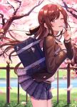  1girl ;d bag bag_charm black_ribbon blazer blush braid brown_eyes brown_hair brown_jacket charm_(object) cherry_blossoms cowboy_shot day fence flower from_side hair_ribbon holding holding_flower idolmaster idolmaster_shiny_colors jacket kurageso leaning_forward long_hair long_sleeves looking_at_viewer looking_to_the_side miniskirt one_eye_closed oosaki_amana open_clothes open_jacket open_mouth outdoors petals pink_flower plaid plaid_skirt pleated_skirt purple_skirt ribbon river school_bag school_uniform skirt smile solo spring_(season) tree 