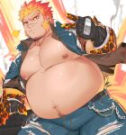  1boy bara bare_pecs belly bulge character_request check_copyright copyright_request denim facial_hair fat fat_man gomtang gradient_hair jeans large_pectorals long_sideburns male_focus mature_male molten_rock multicolored_hair muscular muscular_male navel navel_hair nipples open_clothes open_shirt orange_hair pants red_hair short_hair sideburns solo stomach stubble thick_thighs thighs tokyo_houkago_summoners torn_clothes torn_pants 