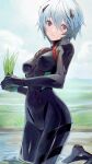  1girl absurdres ayanami_rei black_bodysuit blue_hair bodysuit breasts evangelion:_3.0+1.0_thrice_upon_a_time field grass highres interface_headset medium_breasts multicolored multicolored_bodysuit multicolored_clothes neon_genesis_evangelion pilot_suit plugsuit rebuild_of_evangelion red_eyes rural short_hair skin_tight solo sweat taishi_(picchiridou) water 