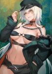  1girl abstract_background bangs bare_shoulders belt bikini black_bikini black_headwear black_nails black_shorts breasts chain collar cowboy_shot fate/grand_order fate_(series) fur-trimmed_jacket fur_trim green_jacket hand_on_headwear hand_up highres jacket jeanne_d&#039;arc_(alter)_(fate) jeanne_d&#039;arc_(fate)_(all) lack large_breasts long_hair long_sleeves looking_at_viewer nail_polish navel o-ring o-ring_bikini off_shoulder open_clothes open_jacket parted_lips shorts silver_hair smile solo stomach swimsuit underboob very_long_hair yellow_eyes 