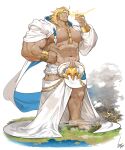  1boy abs bara bare_pecs barefoot beard blonde_hair character_request copyright_request costume_request dark_skin dark_skinned_male facial_hair full_body giant giant_male gomtang hip_vent horns large_pectorals laurel_crown long_hair male_focus mature_male muscular muscular_male navel navel_hair nipples original sash solo stomach thighs zeus 