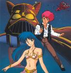  1980s_(style) armlet bikini bikini_top blue_eyes blue_hair bracelet cosplay darth_vader darth_vader_(cosplay) dirty_pair earrings grin gun han_solo han_solo_(cosplay) handgun headband helmet holding holding_gun holding_weapon jewelry kei_(dirty_pair) long_hair long_sleeves mughi navel open_mouth parody princess_leia_organa_solo princess_leia_organa_solo_(cosplay) red_eyes red_hair retro_artstyle short_hair smile space space_craft star_wars swimsuit weapon yuri_(dirty_pair) 