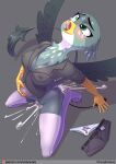  abdominal_bulge anthro avian bodily_fluids bottomless bottomwear chrysalisdraws clothed clothing cum cum_tube discarded_clothing female friendship_is_magic gabby_(mlp) genital_fluids gryphon hasbro hi_res looking_pleasured masturbation my_little_pony mythological_avian mythology panties sex_toy shorts solo underwear 