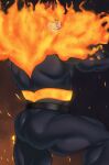  1boy ass ass_focus bara beard blue_bodysuit blue_eyes bodysuit boku_no_hero_academia crossed_arms embers facial_hair feet_out_of_frame fiery_hair fire highres jaderarts male_focus mature_male muscular muscular_male pectorals red_hair scar scar_across_eye short_hair sideburns solo spiked_hair stubble thick_thighs thighs todoroki_enji 