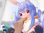  1boy 1girl ^^^ animal_ear_fluff animal_ears bangs black_gloves black_leotard blue_hair blurry blurry_background blush braid bunny-shaped_pupils bunny_ears carrot_hair_ornament closed_mouth depth_of_field don-chan_(usada_pekora) eyebrows_visible_through_hair food food_themed_hair_ornament gloves hair_between_eyes hair_ornament hands_up highres holding holding_food hololive leotard long_hair magowasabi out_of_frame red_eyes short_eyebrows signature solo_focus strapless strapless_leotard sweat thick_eyebrows twin_braids twintails twitter_username upper_body usada_pekora virtual_youtuber white_hair 