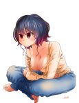 1girl barefoot blue_pants breasts breasts_day cleavage closed_mouth crossed_arms gradient_hair highres indian_style large_breasts medium_hair multicolored_hair off_shoulder original pants purple_hair red_eyes ryusei_hashida shirt signature simple_background sitting solo toenails white_background yellow_shirt 