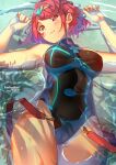  1girl armpits arms_up artist_name ass_visible_through_thighs bangs black_swimsuit blush breasts casual_one-piece_swimsuit closed_mouth cowboy_shot day eyebrows_visible_through_hair large_breasts looking_at_viewer lying neon_trim on_back one-piece_swimsuit partially_submerged pyra_(xenoblade) red_eyes red_hair shallow_water short_hair smile solo sunlight swept_bangs swimsuit sydus thigh_gap thighs tiara water xenoblade_chronicles_(series) xenoblade_chronicles_2 