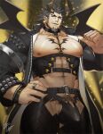  1boy abs bara bare_pecs beard belt bodysuit bulge chest_tattoo cowboy_shot demon_boy demon_horns erection erection_under_clothes facial_hair fishnet_bodysuit fishnet_legwear fishnet_top fishnets goatee gomtang grey_hair horns jewelry large_pectorals long_sideburns looking_at_viewer male_focus mature_male muscular muscular_male navel navel_hair nipples original penis_peek pointing pointing_at_self ring short_hair sideburns smile solo spiked_hair stomach stubble tattoo thick_thighs thighs 