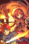  arclumx bangs black_gloves breasts charizard chest_jewel earrings fingerless_gloves fire fire_emblem gen_1_pokemon gloves highres jewelry large_breasts pokemon pyra_(xenoblade) red_eyes red_hair red_legwear red_shorts roy_(fire_emblem) short_hair short_shorts shorts super_smash_bros. swept_bangs sword thighhighs tiara weapon xenoblade_chronicles_(series) xenoblade_chronicles_2 