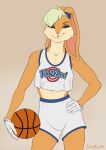  anthro ball basketball_(ball) blue_eyes bottomwear bra clothing darzycat female fur gloves gym_bottomwear gym_clothing gym_shorts handwear hi_res lagomorph leporid lola_bunny looney_tunes mammal orange_body orange_fur pose rabbit red_ears shorts smile solo sport sports_bra underwear warner_brothers yellow_body yellow_fur 