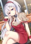  arm_at_side azur_lane bangs belfast_(azur_lane) belfast_(piping-hot_perfection)_(azur_lane) blush braid breasts brown_shirt chain chair cleavage cleavage_cutout clothing_cutout collar commentary_request crossed_legs day dress hand_up long_hair looking_at_viewer metal_collar napkin_holder official_alternate_costume ponytail purple_eyes red_dress red_scrunchie scrunchie shirt short_sleeves sitting sugisaki_yuu table very_long_hair white_hair wrist_cuffs 