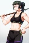  1girl bangs black_hair black_legwear black_sports_bra glasses highres holding holding_weapon jujutsu_kaisen long_hair midriff polearm ponytail shibuki_kamone shorts simple_background solo sports_bra sweat weapon yellow_eyes zenin_maki 