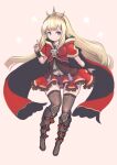  1girl black_footwear black_legwear blonde_hair blue_eyes boots cagliostro_(granblue_fantasy) cape commentary_request flat_chest frilled_skirt frills full_body granblue_fantasy hairband highres index_finger_raised johan_(johan13) knee_boots long_hair looking_at_viewer red_cape red_skirt skirt smile solo spiked_hairband spikes starry_background thigh_gap thighhighs zettai_ryouiki 