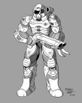  1other armor boots doom_(series) doomguy double_barrels gloves grey_background greyscale gun helmet highres holding holding_weapon mango_away monochrome power_armor rifle shotgun signature simple_background solo visor weapon 