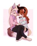  2021 anthro breasts brown_hair canid canine canis clothed clothing danika_(wolflady) digital_media_(artwork) domestic_dog duo eyes_closed female hair mammal rinka_eya smile wolflady 