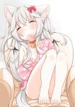  1girl :o animal_ear_fluff animal_ears armchair bangs barefoot bell black_wings blush bow breasts chair choker closed_eyes collarbone commentary_request eyebrows_visible_through_hair facing_viewer grey_hair hair_between_eyes hair_bow highres jacket jingle_bell knees_up long_hair minato_yu_(0514) mini_wings neck_bell off_shoulder on_chair open_clothes open_jacket original parted_lips pink_jacket polka_dot polka_dot_jacket red_bow red_choker sitting small_breasts solo tail very_long_hair wings 
