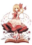  1girl \||/ absurdres adapted_costume bangs blonde_hair blush book bow breasts closed_mouth commentary_request crystal dress eyebrows_visible_through_hair flandre_scarlet frills full_body hair_between_eyes hair_bow hand_up heart high_heels highres laevatein looking_at_viewer no_hat no_headwear one_side_up open_book petticoat polearm puffy_short_sleeves puffy_sleeves red_bow red_dress red_footwear short_sleeves simple_background small_breasts smile solo somei_ooo standing touhou weapon white_background wings wrist_cuffs 