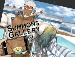  &gt;_&lt; 1boy abs aegir_(tokyo_houkago_summoners) anchor_earrings aqua_hair bara beard blue_eyes brown_shorts bulge censored character_censor character_request cover cover_page dark_skin dark_skinned_male dog_boy doujin_cover earrings eyewear_on_head facial_hair fins furry gomtang holding holding_phone jewelry large_pectorals male_cleavage male_focus mature_male multicolored_hair muscular muscular_male navel navel_hair nipples novelty_censor open_clothes open_shirt penis_peek phone pool pov short_hair shorts single_earring smirk smug solo_focus stomach streaked_hair taking_picture tokyo_houkago_summoners white_hair 