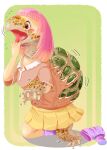  2017 bottomwear brown_eyes clothing edmol female hair hi_res human mammal open_mouth pink_hair reptile scalie shirt simple_background skirt solo topwear torn_clothing transformation turtle 