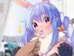  1boy 1girl ^^^ animal_ear_fluff animal_ears bangs black_gloves black_leotard blue_hair blurry blurry_background blush braid bunny-shaped_pupils bunny_ears candy carrot_hair_ornament closed_mouth commentary_request depth_of_field don-chan_(usada_pekora) eyebrows_visible_through_hair food food_themed_hair_ornament gloves hair_between_eyes hair_ornament hands_up highres holding holding_candy holding_food holding_lollipop hololive leotard lollipop long_hair magowasabi out_of_frame red_eyes short_eyebrows signature solo_focus strapless strapless_leotard sweat thick_eyebrows twin_braids twintails twitter_username upper_body usada_pekora virtual_youtuber white_hair 