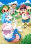  2017 audino avian beak black_hair blush bodily_fluids bottomwear brown_hair clothing cloud edmol eyewear female furret glasses grass group group_transformation hair hat headgear headwear human human_to_anthro human_to_feral male mammal necktie nintendo outside plant pok&eacute;ball pok&eacute;mon pok&eacute;mon_(species) primarina psyduck rock shirt short_hair shorts skirt species_transformation standard_pok&eacute;ball standing surprise sweat tears topwear transformation video_games 