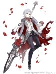  1girl absurdres coat crossdressing epaulettes flower formal fringe_trim full_body highres holding holding_spear holding_weapon jacket_over_shoulder ji_no looking_at_viewer necktie official_art pants petals polearm reverse_trap rose short_hair silver_eyes silver_hair silver_trim sinoalice snow_white_(sinoalice) solo spear square_enix suit torn_clothes very_short_hair vest_over_shirt weapon white_background 