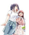  2girls :d belt blue_hair dengeki_g&#039;s denim feeding flower_skirt food fruit half_updo jeans long_hair love_live! love_live!_sunshine!! matsuura_kanan multiple_girls open_mouth pants pito_(sh02327) ponytail purple_hair red_hair sakurauchi_riko shirt short_hair skirt smile strawberry tied_sweater white_background white_shirt yellow_eyes 