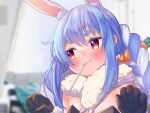  1girl :t animal_ear_fluff animal_ears bangs black_gloves black_leotard blue_hair blurry blurry_background blush braid bunny-shaped_pupils bunny_ears candy carrot_hair_ornament closed_mouth depth_of_field don-chan_(usada_pekora) eyebrows_visible_through_hair food food_in_mouth food_themed_hair_ornament gloves hair_between_eyes hair_ornament hands_up highres hololive leotard lollipop long_hair looking_away looking_to_the_side magowasabi red_eyes short_eyebrows signature strapless strapless_leotard sweat thick_eyebrows twin_braids twintails twitter_username upper_body usada_pekora virtual_youtuber white_hair 